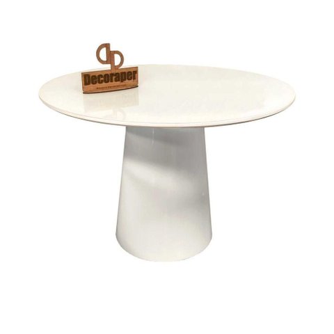 Mesa Jantar Cone Laqueado Tampo Redondo Laca com Vidro 80cm Branco