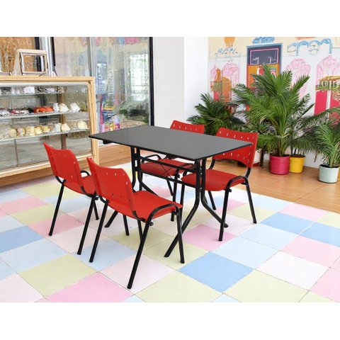 Jogo Mesa Moema Preta com 4 Cadeiras Iso Vermelha Lanchonete Sorveteria