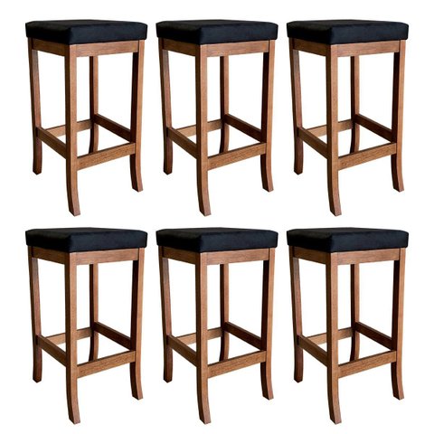 Kit 6 Banquetas Alta Barcelona para Bancada 74 cm Madeira Maciça Suede Preto CCS