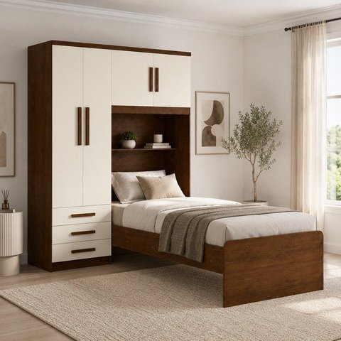 Guarda-Roupa Solteiro com Cama Integrada 4 Portas 3 Gavetas Cancun Yescasa Amadeirado/Offwhite