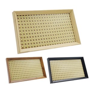 Bandeja Decorativa Retangular com Palha Indiana e Vidro Cor Bege 23x13 Cm