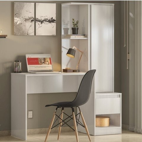 Escrivaninha Mesa Escritório com Armário Office Morada 1 Gaveta 126cm Branca