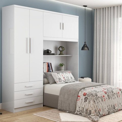 Guarda-Roupa Solteiro com Cabeceira e Baú 4 Portas 3 Gavetas Cancun Yescasa Branco