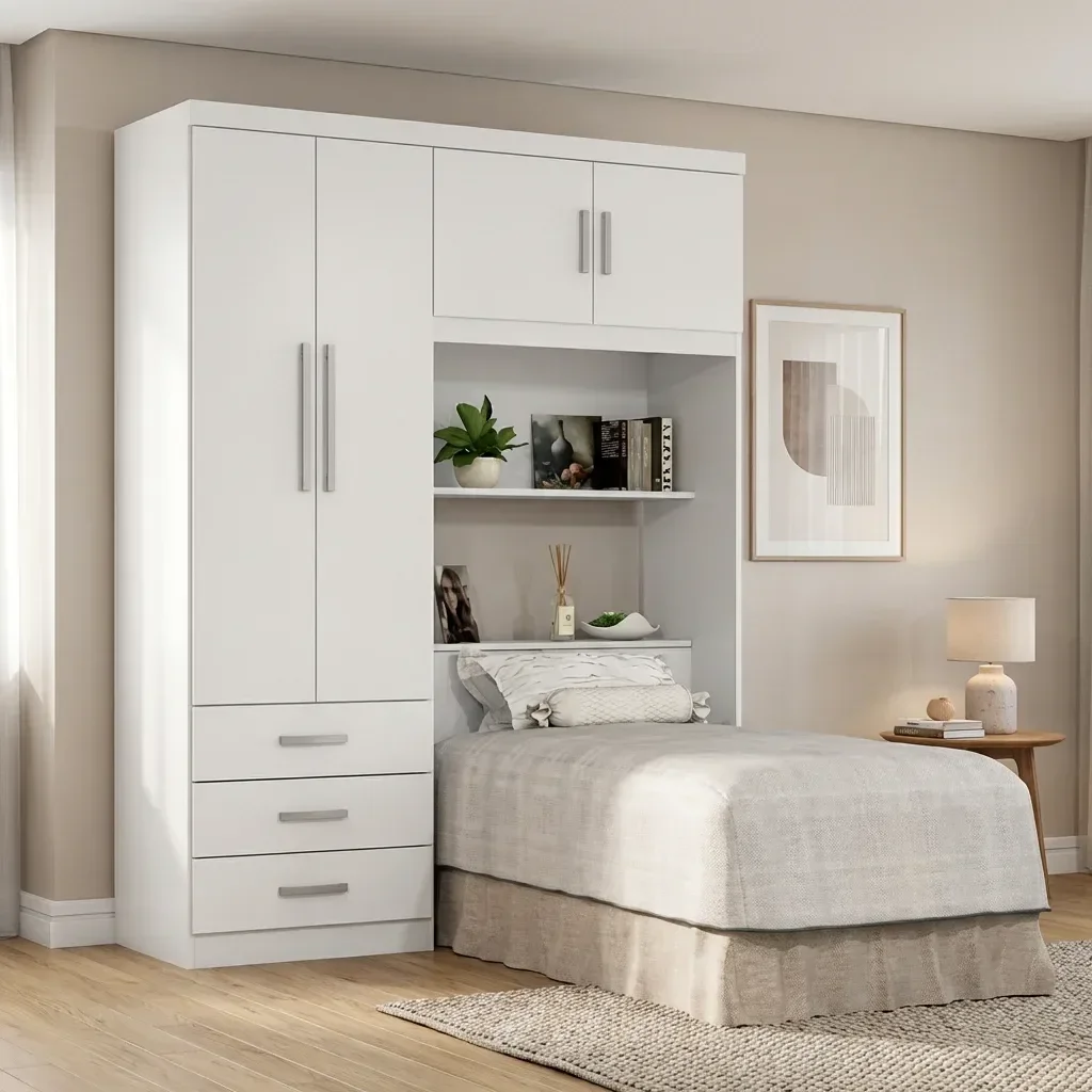 Guarda-Roupa Solteiro com Cabeceira e Baú 4 Portas 3 Gavetas Cancun Branco