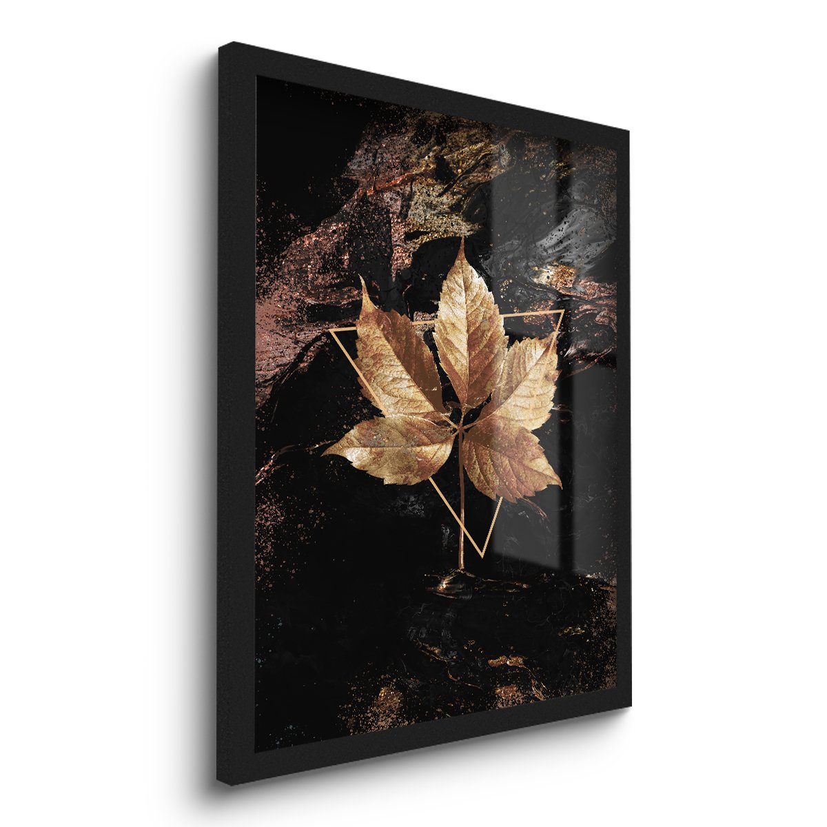 Quadro Decorativo Flor Dourada Preto Artístico 45x33 C/vidro