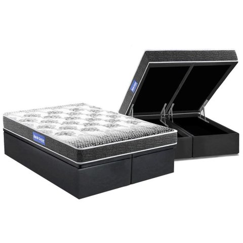 Cama Box Baú Queen: Colchão Espuma Probel D20 Guarda Costas Resistente Black + Base CRC Suede Gray(1