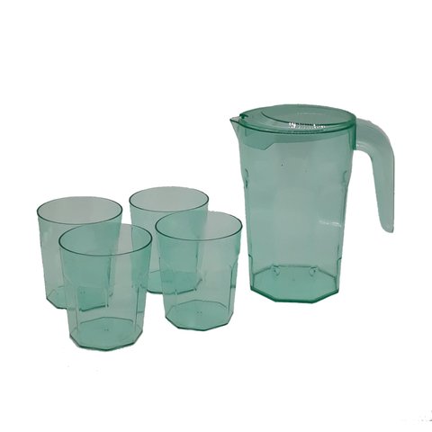 Kit Suco 1 Jarra de 1,5 litros com 4 Copos de 400 ml Cozinha Dehaus Verde Água Cristal Dhause