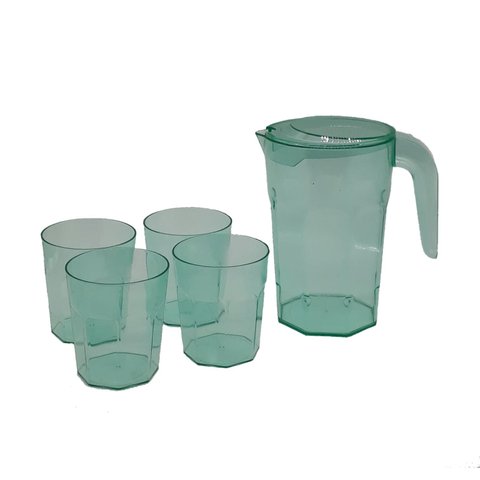 Kit Suco 1 Jarra de 1,5 Litros com 4 Copos de 400 Ml Cozinha Dehaus Verde Água Cristal Dhause