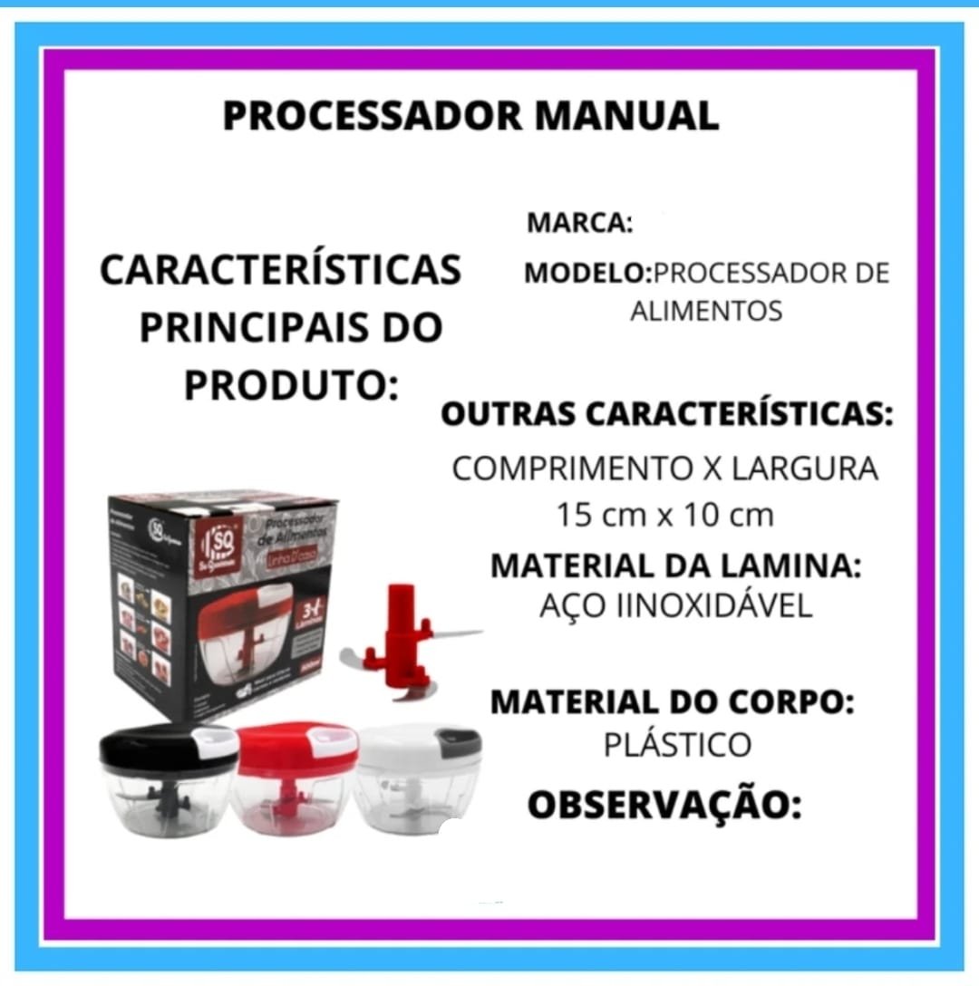 Processador de Alimentos Manual de 500 Ml Semiautomatico 3 Laminas Fatiar,triturar,moer,deversos Ali - 6