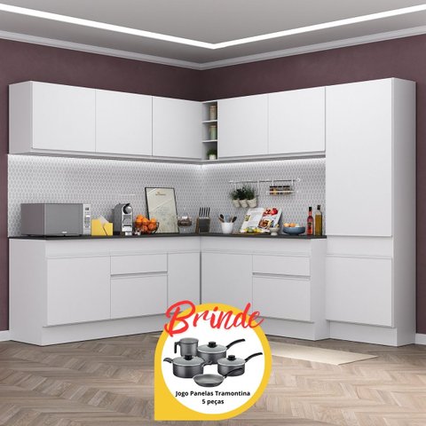 Armário Cozinha Completa Canto Veneza Mp2102 Multimóveis Branco + Brinde Jogo de Panelas Tramontina