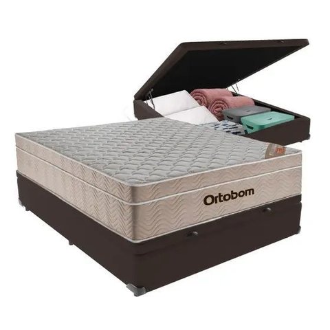 Cama Box com Baú Casal Marrom + Colchão de Molas Ensacadas - Ortobom - Airtech Springpocket - 138x18