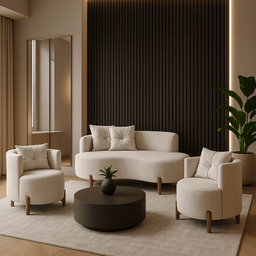 Conjunto 2 Poltronas + Sofá Curvo Orgânico Boucle Bege - Montanaris Decor - 2