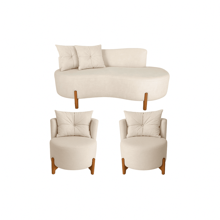 Conjunto 2 Poltronas + Sofá Curvo Orgânico Boucle Bege - Montanaris Decor Conjunto 2 Poltronas + Sofá Curvo Orgânico Boucle Bege - Montanaris Decor
