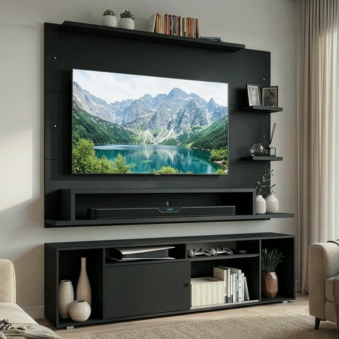 Rack com Painel para TV até 60 Polegadas 180 cm Preto Cancun Madesa