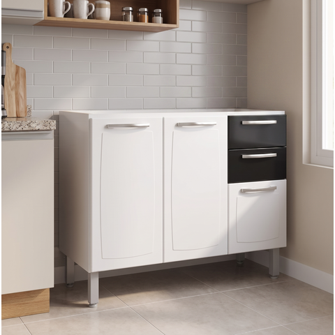 Balcão de Cozinha em Aço 3 Portas e 2 Gavetas 120cm sem Tampo Tarsila Itatiaia Preto/Branco