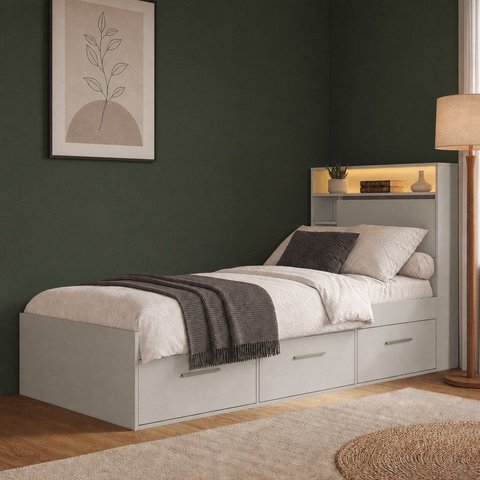 Cama de Solteiro com 3 Gavetas Cabeceira com Organizador e Iluminação em LED Genebra