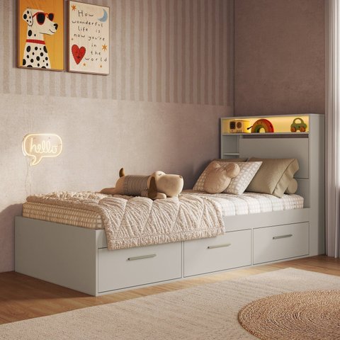 Cama de Solteiro com 3 Gavetas Cabeceira com Organizador e Iluminação em LED Genebra