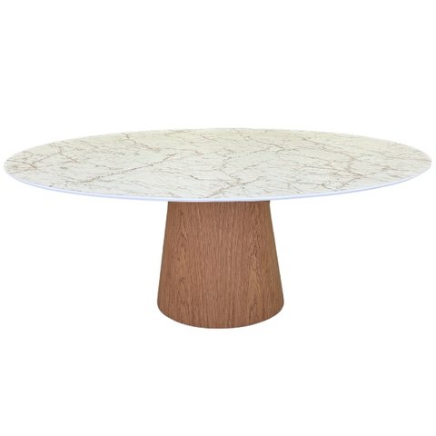 Mesa de Jantar Cone Oval 180x100 Cm Tampo Marmorizado Calacata Bronze - Base Freijó