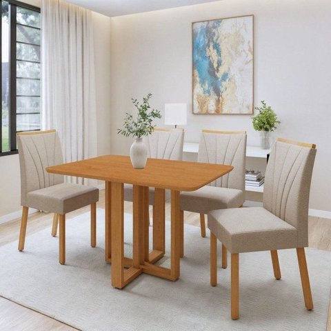 Conjunto Sala de Jantar 4 Lugares Retangular Tampo MDF Mesa Tessera com Cadeiras Pés Madeira Jade
