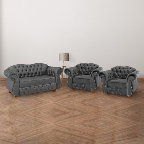 Conjunto 1 Namoradeira + 2 Poltronas Chesterfield Merlô Suede Cinza Chumbo / Decoração, barbearia, s