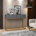 Ver imagem 2 de Aparador Buffet Pequeno Cinza para Hall de Entrada Luxo Eros 02 Gavetas 90cm Cinza com Dourado