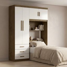 Guarda-Roupa Solteiro com Cabeceira e Baú 4 Portas 3 Gavetas Cancun Jequitiba/Off White - 1