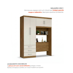 Guarda-Roupa Solteiro com Cabeceira e Baú 4 Portas 3 Gavetas Cancun Jequitiba/Off White - 4