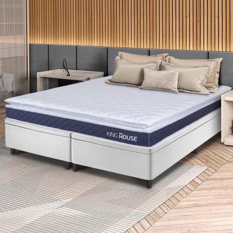 Conjunto Box Baú Branco Durban Azul Espuma D28 King 193x203x64 - King House