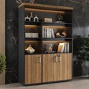 Ver imagem 2 de Estante Escritorio com LED 3 Portas Tampo Tamburato 193x136 cm Nogal Preto Artany