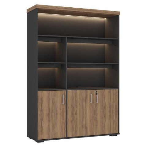 Estante Escritorio com LED 3 Portas Tampo Tamburato 193x136 cm Nogal Preto Artany