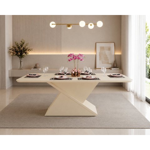Mesa Zafira - Tampo de Madeira Chanfrado 2,5cm com Canto Arredondado e com Vidro 200x10cm