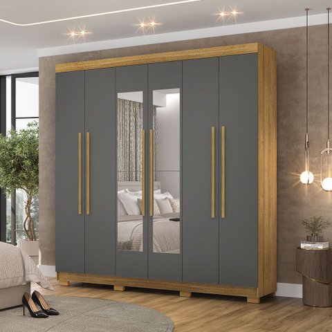 Guarda Roupa Casal Doral 6 Portas de Bater 2 com Espelhos 2 Gavetas Nature/chumbo G98 - Gran Belo