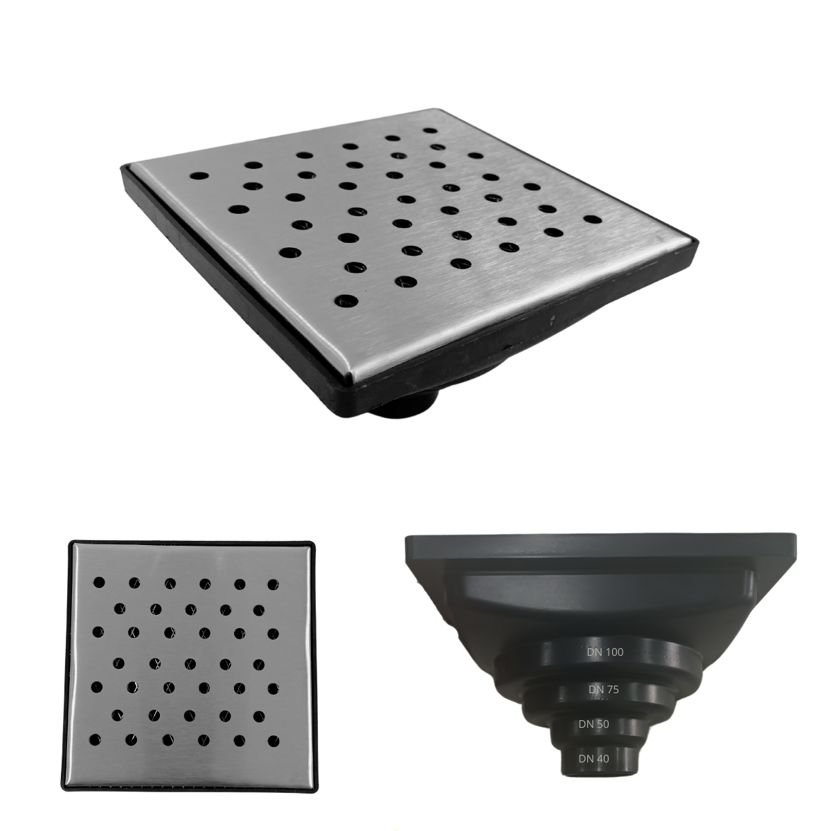 Ralo Anti Odor Inox 304 Modelo 15x15 Bolinha Tela e Coletor Preto Saída Adapt de 40mm até 100mm - 1