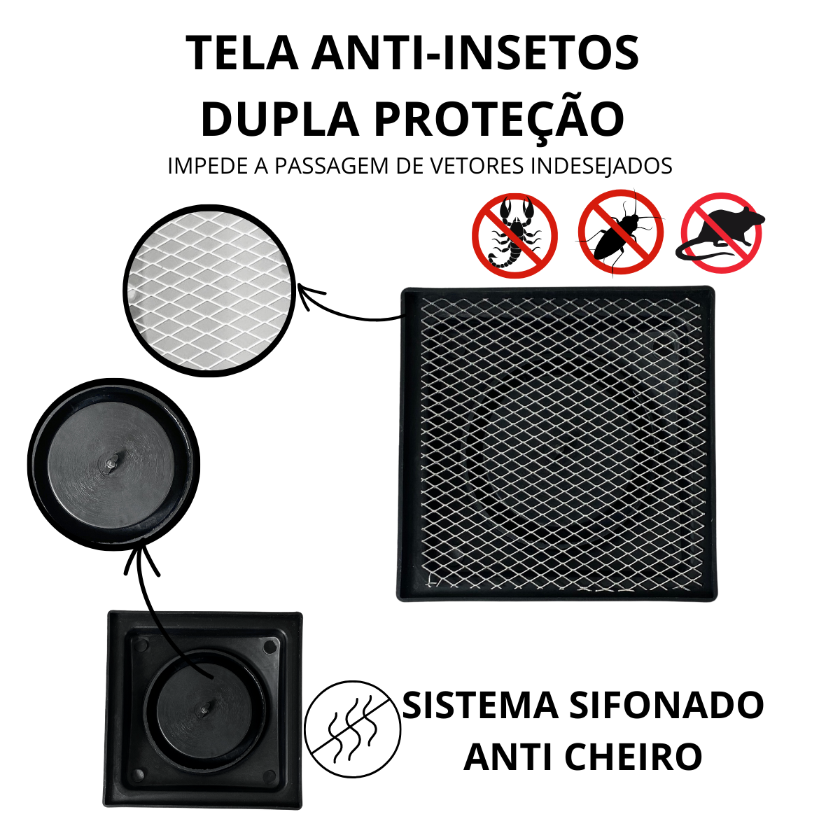 Ralo Anti Odor Inox 304 Modelo 15x15 Bolinha Tela e Coletor Preto Saída Adapt de 40mm até 100mm - 5