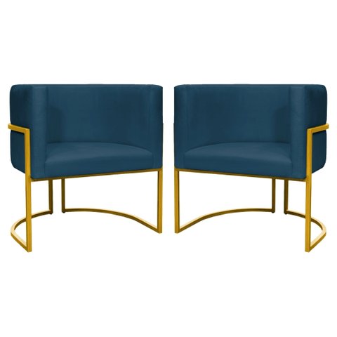 Kit 2 Poltronas Decorativa Luxo Base de Metal Dourada Escritório Recepção Sala Suede Azul Marinho El