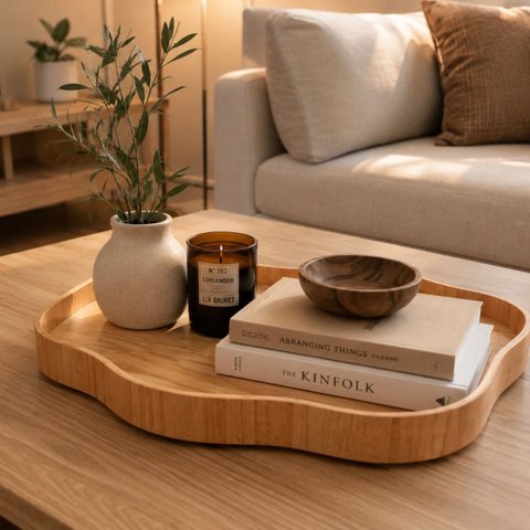 Bandeja Decorativa Orgânica em Madeira Natural Cinamomo 45x29cm