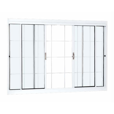 Janela de Correr Central Aço Branco com Grade Quadriculada 4 Folhas 120x100