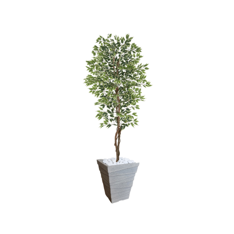 Planta Artificial Ficus Verde Creme 2,10m kit + Vaso Trapezio D. Grafiato Cinza 40cm