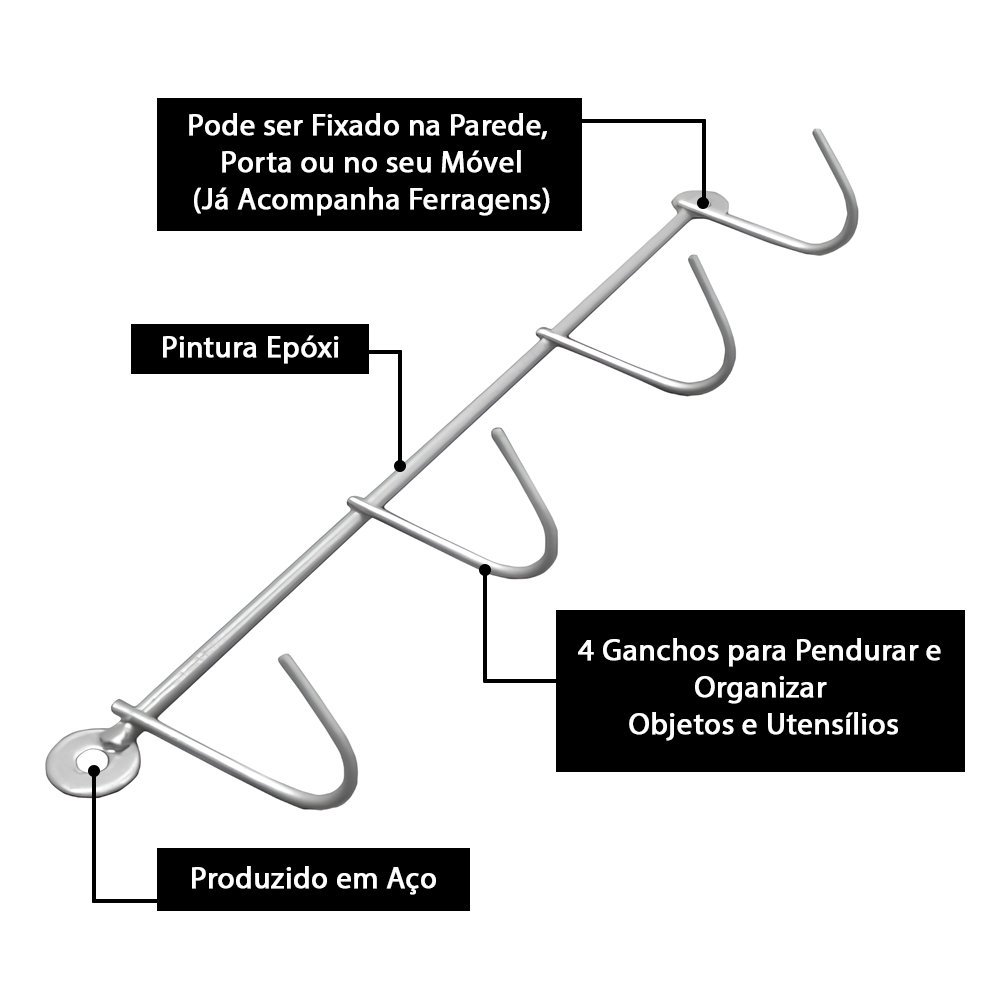 Suporte Ganchos Pendurador Cabideiro em Aço Multiuso - LH Móveis Prata - 3