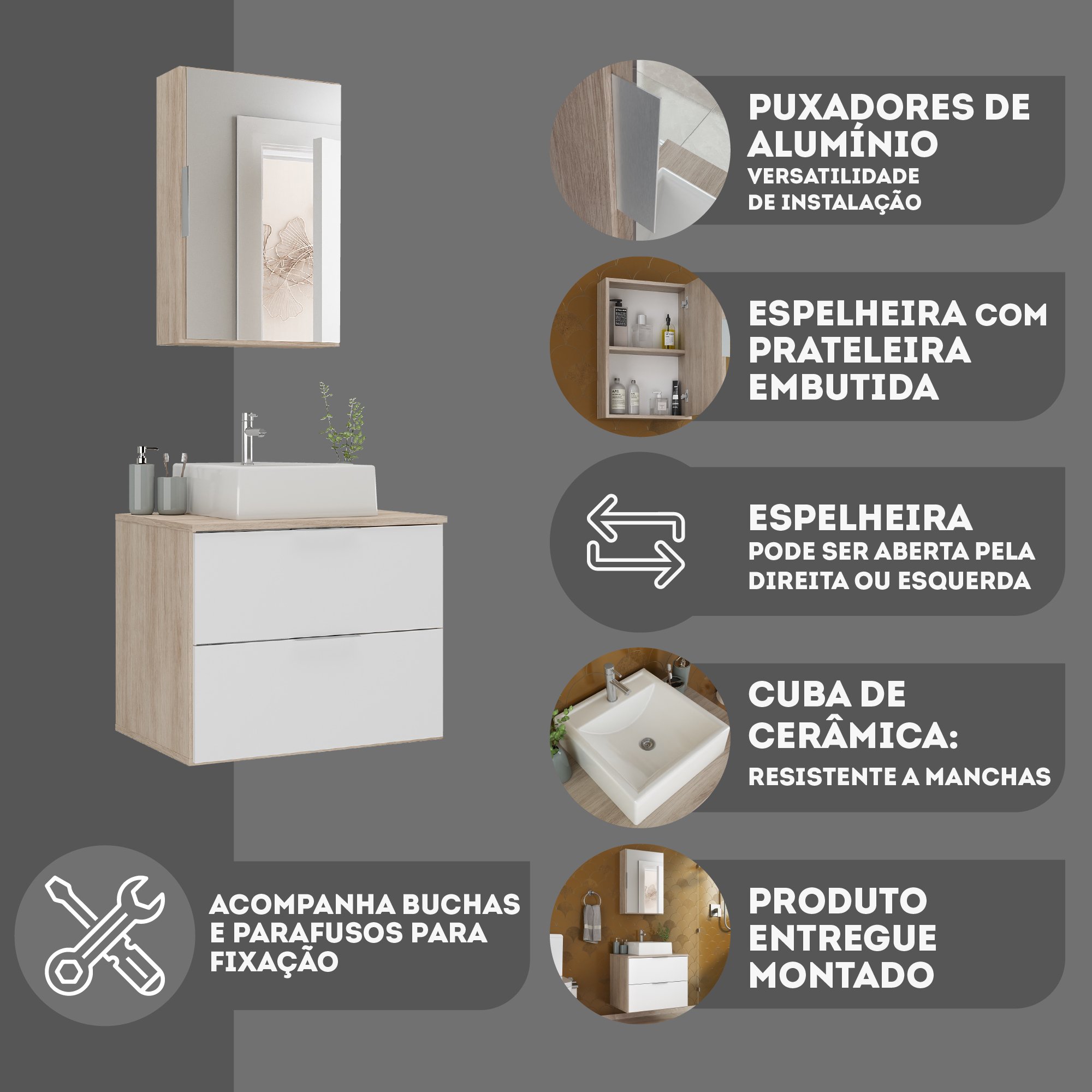 Conjunto Gabinete Banheiro Rubi 60cm - Gabinete + Cuba + Espelheira - Madeirado/branco - 6