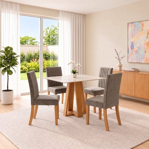 Conjunto Sala de Jantar Mesa Lisa 90cm com Tampo MDF Canto Reto 4 Cadeiras Lily