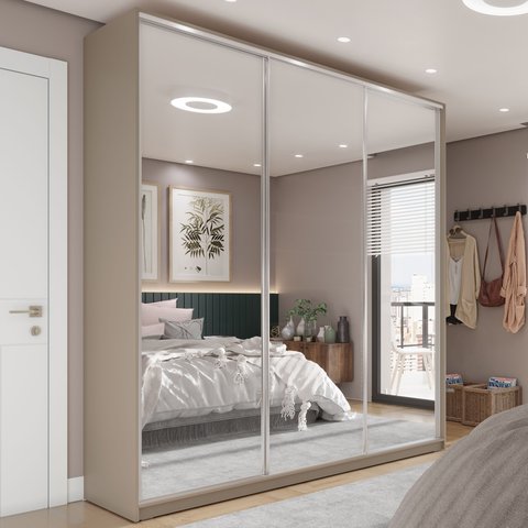 Guarda Roupa Casal 100% MDF BP com 3 Portas Espelho Zermatt Bege