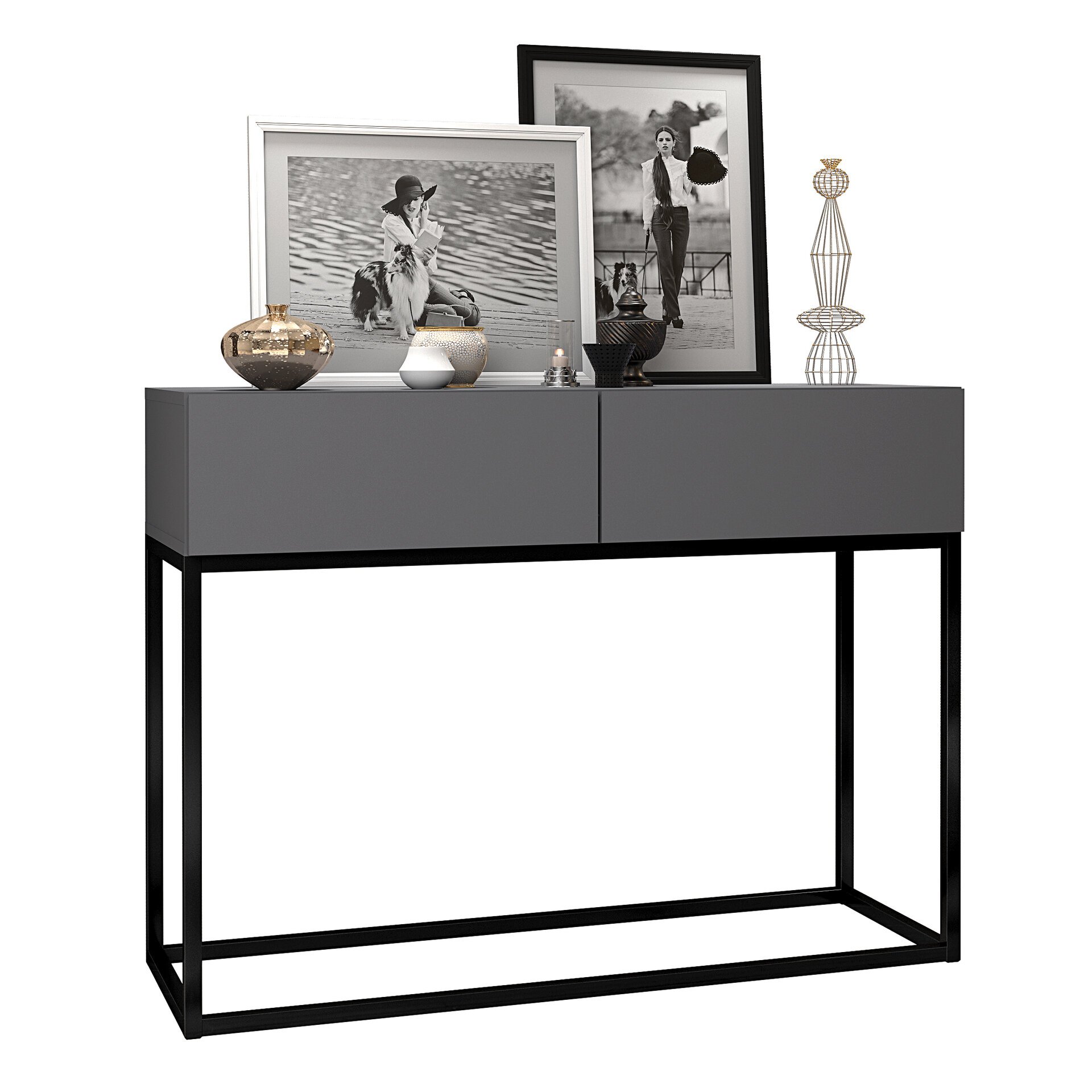 Buffet de 90cm com 2 Gavetas Pes de Ferro Preto Eros Industrial:cinza - 2