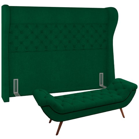Kit Cabeceira Cama Box Queen 160 Cm Madrid com Puff Recamier Santorini P05 Bouclê Verde - Lyam Decor