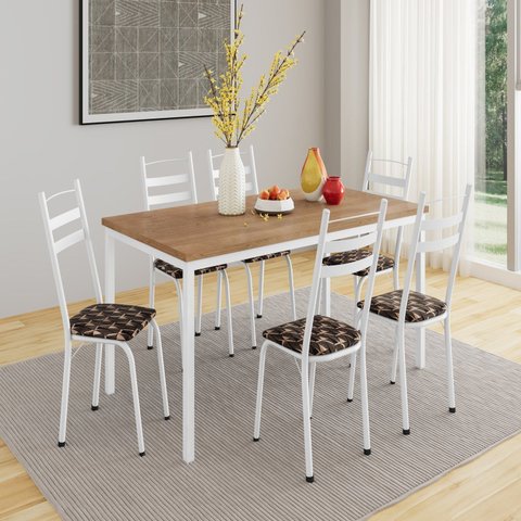 Conjunto Sala de Jantar Mesa Retangular Tampo BP com 6 Cadeiras Adriana Branco/Palha/Demolição