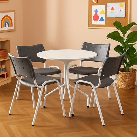 Jogo Mesa Redonda para Restaurante Comércio com 4 Cadeiras Iso Cinza Base Branca Ecomhome