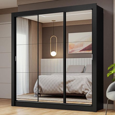 Guarda-roupa Casal 3 Portas de Correr de Espelho Preto Nobre Madesa Preto