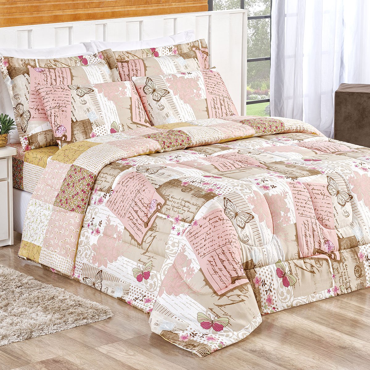 Kit Edredom Rosê Estampado Patchwork King Size + Jogo de Cama - 6 Peças