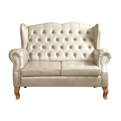 Sofá Imperador 2 Lugares 135cm Bege Couro Sintético Fixo Bella Decor
