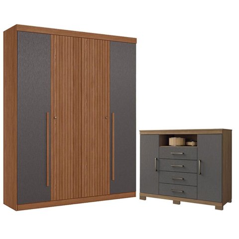 Guarda Roupa Casal Ripado 4 Portas Buriti e Cômoda Havana Master com Pés Jatobá Grafite Acetinado - 